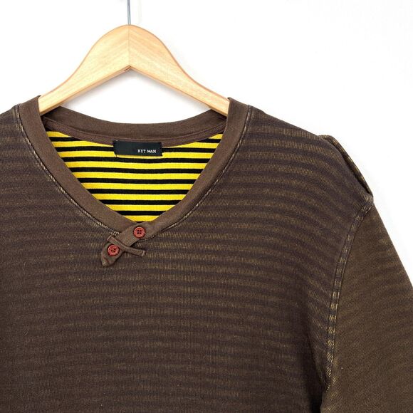 Brown Yellow Striped V Neck Henley Sweater Button Detail Mens Size M Net Man - Picture 2 of 9